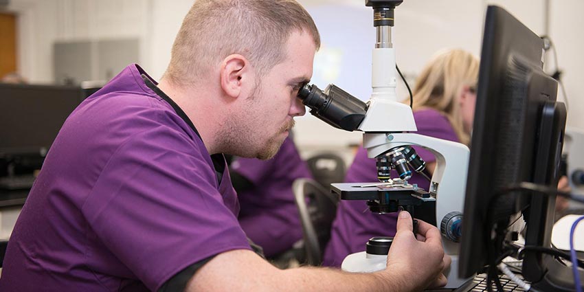 A dhsc online degree student looking into a microscope