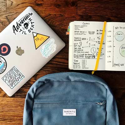 laptop, notebook, and backpack